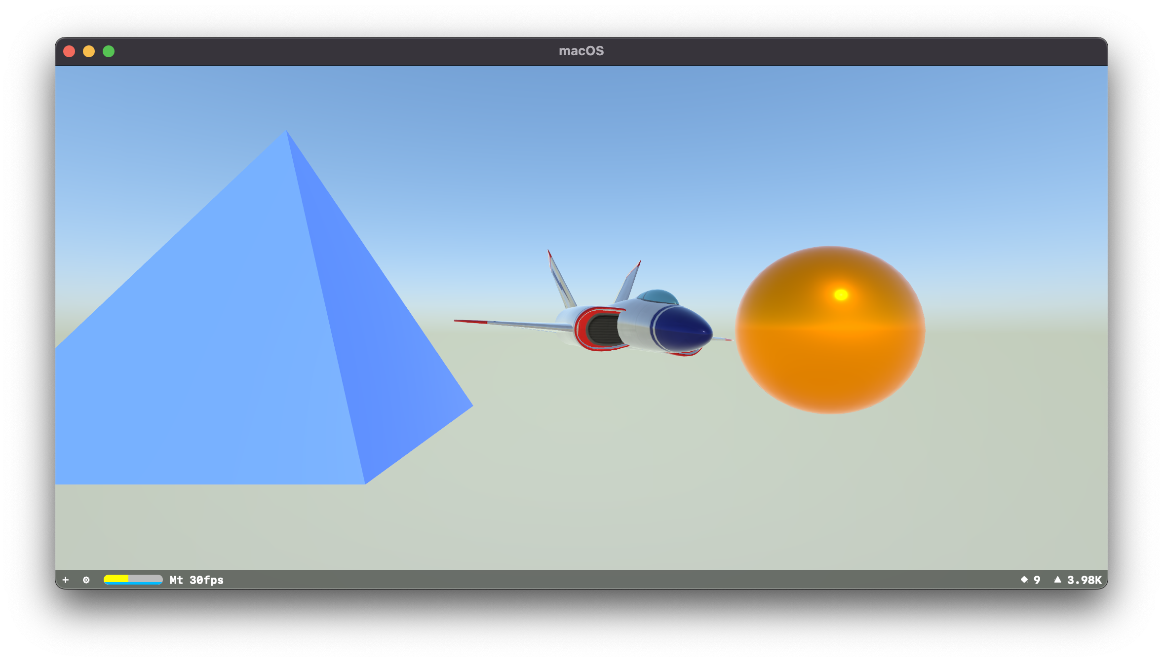 A SceneKit scene that has the default jet model, and two simple objects