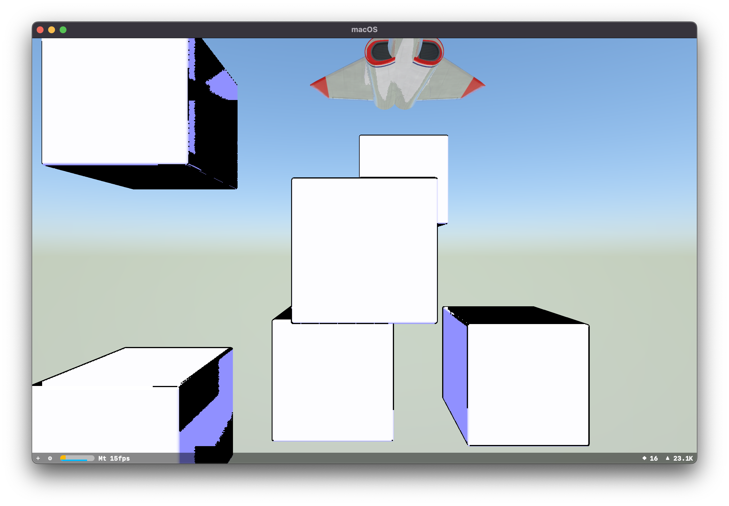 A SceneKit scene showing the reflection of a cube on the shiny material of the jet model