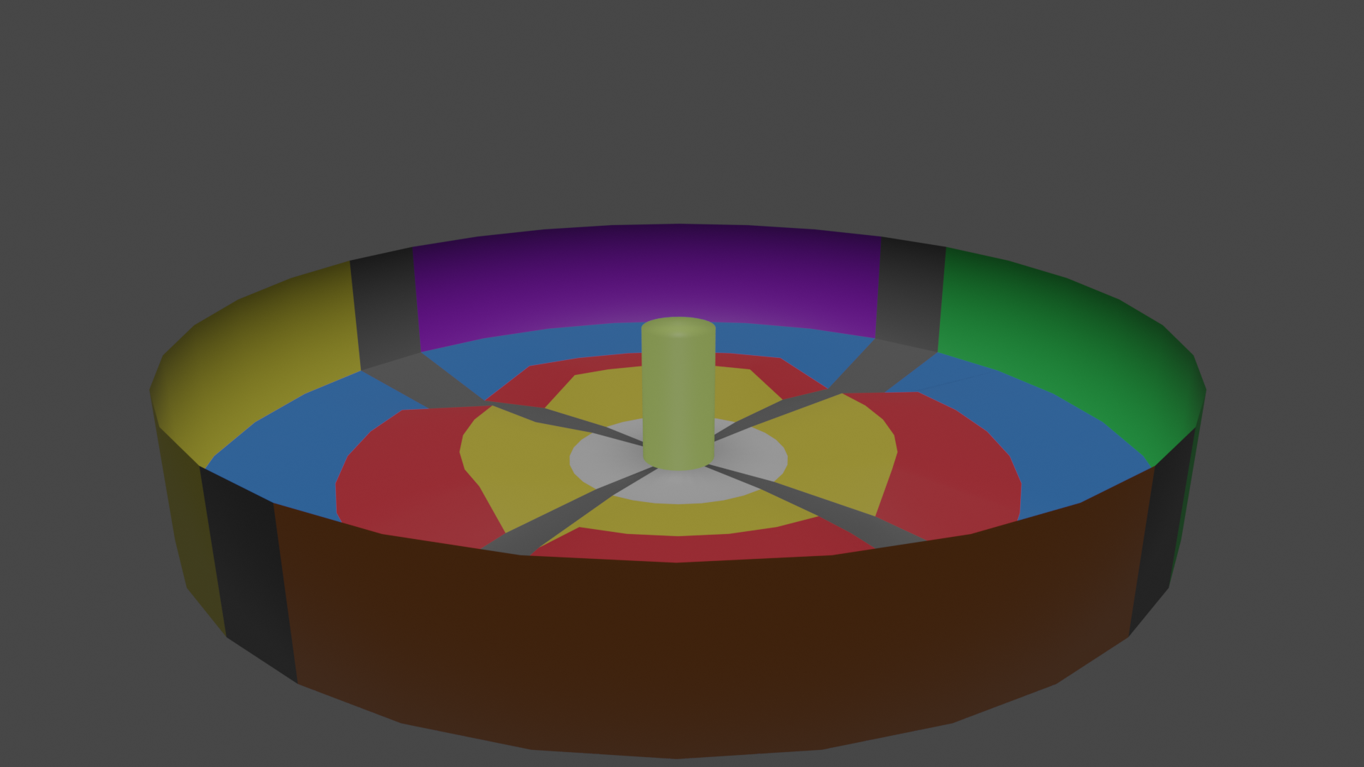 Rendered version of OpenMap, which is a large circular map, with a column in the middle, and raised concentric rings for the floor. Lots of colours.