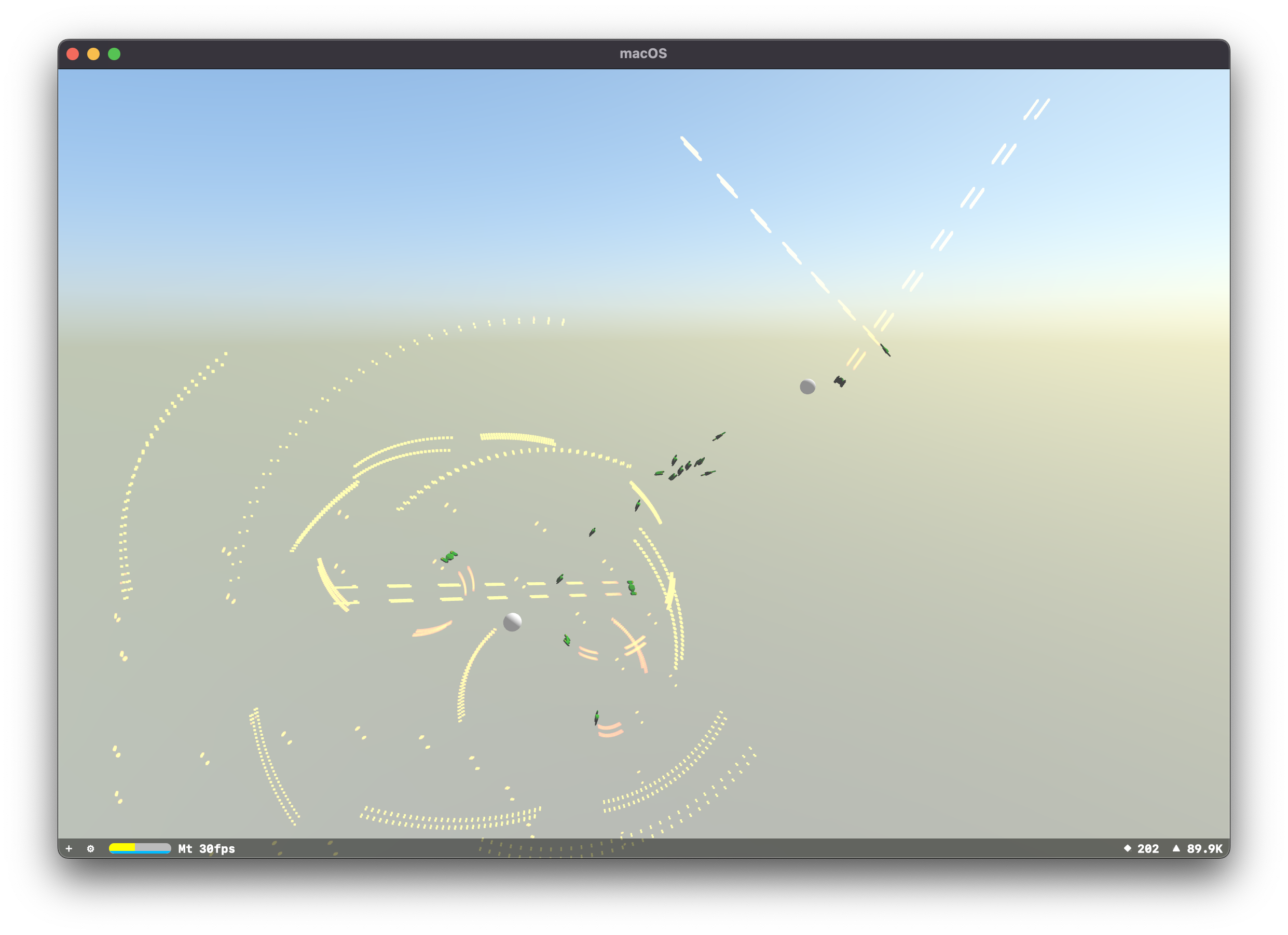 Scene with multiple Martens rotating, moving, firing at white sphere targets