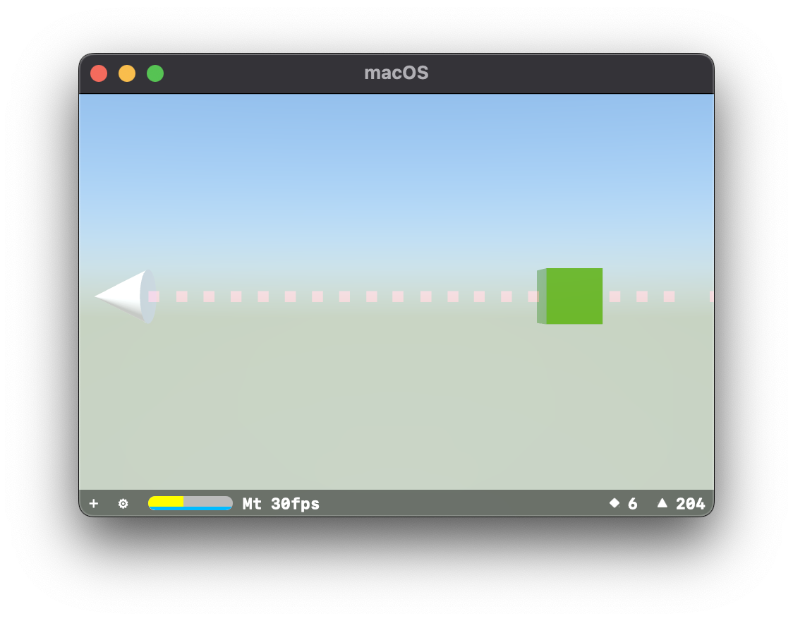 A simple particle systems test scene in SceneKit, featuring a white cone emitting red cubes towards a large green cube, passing through it