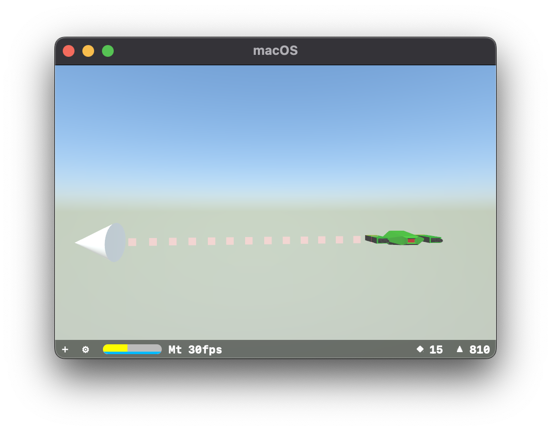 A simple particle systems test scene in SceneKit, featuring a white cone emitting red cubes towards a green Marten model