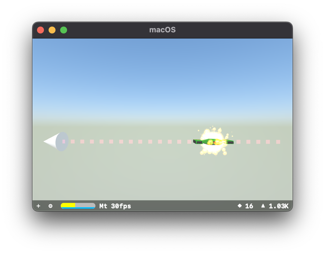 A simple particle systems test scene in SceneKit, featuring a white cone emitting red cubes towards a green Marten model, which is on fire or exploding