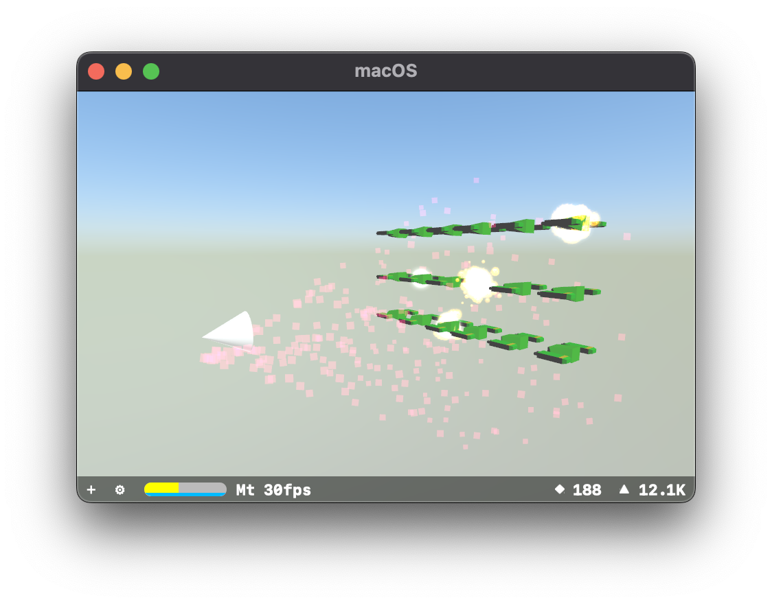 A simple particle systems test scene in SceneKit, featuring a white cone emitting red cubes towards many green Marten models, some of which are on fire or exploding
