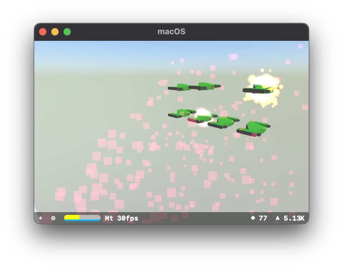 A simple particle systems test scene in SceneKit, featuring a white cone emitting red cubes towards many green Marten models, some of which are on fire or exploding
