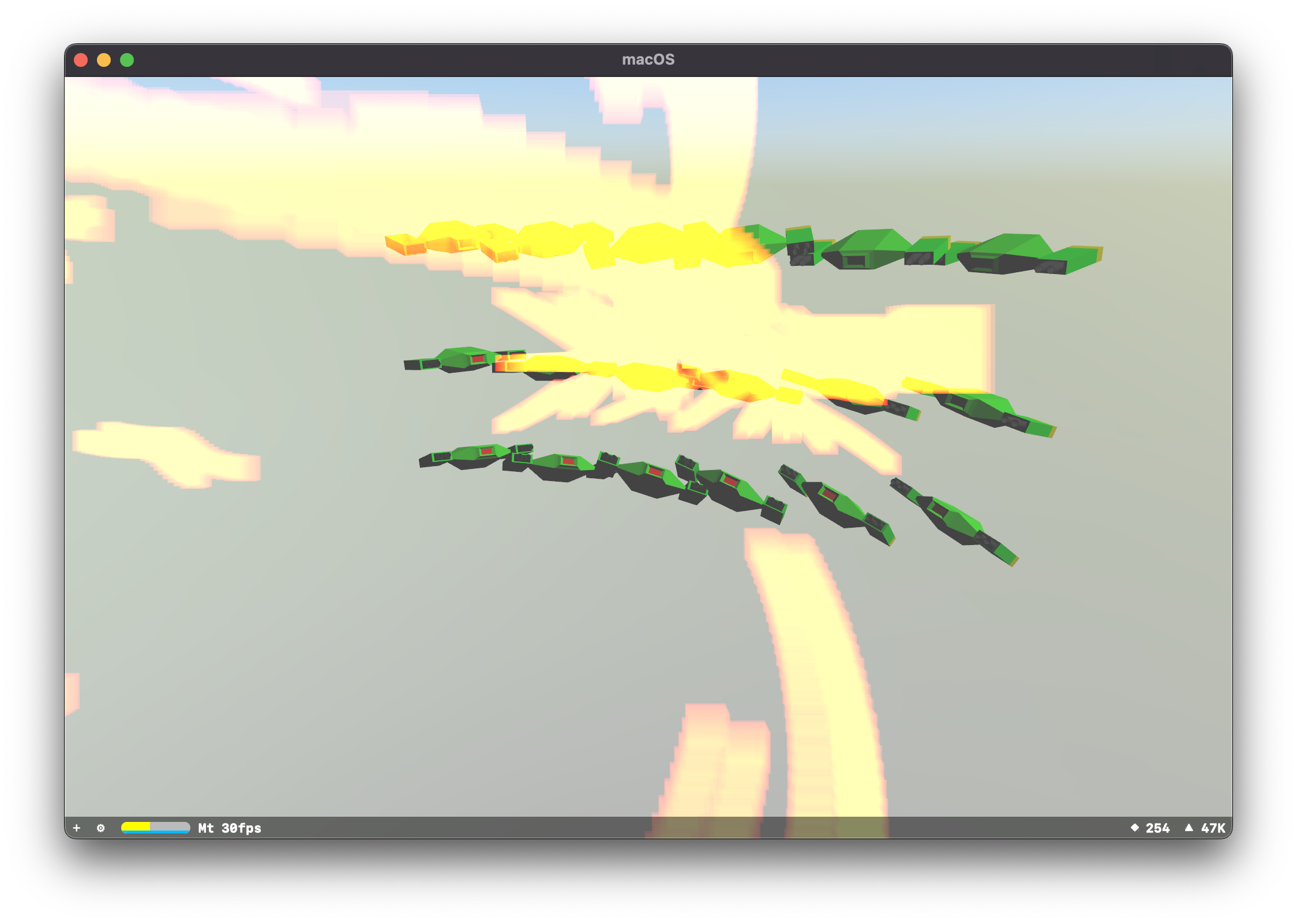 A simple particle systems test scene in SceneKit, feautring many green Marten models, rotated and firing towards where a white sphere was