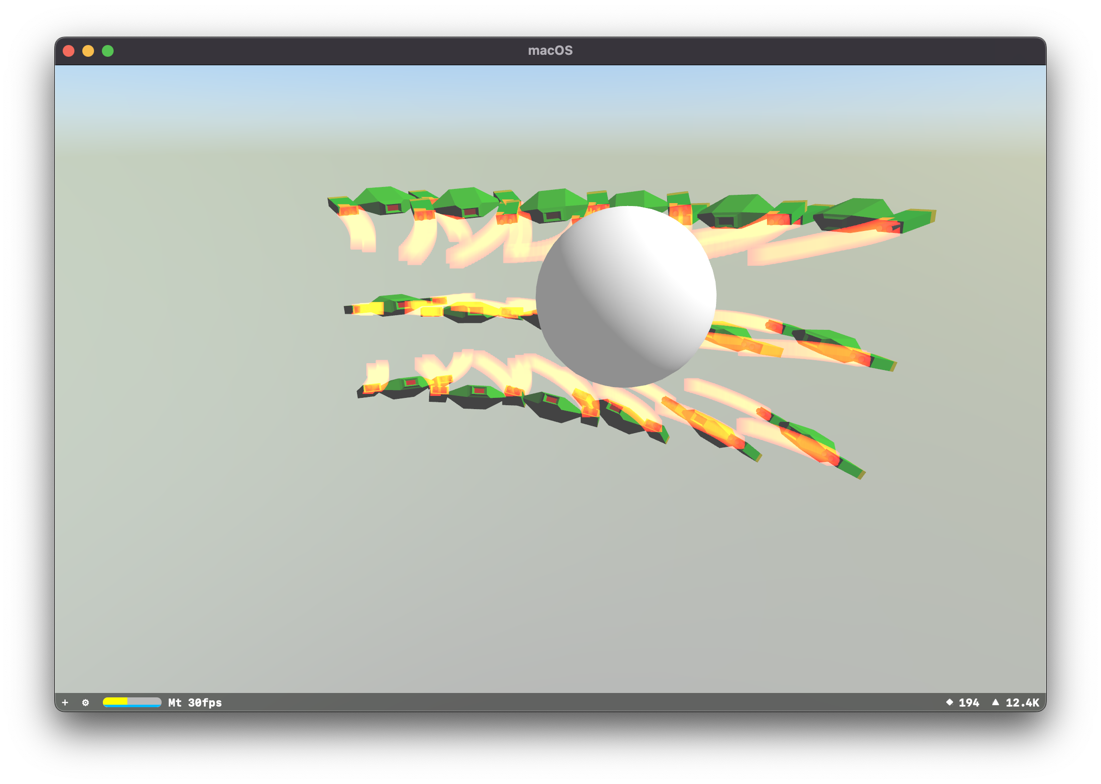 A simple particle systems test scene in SceneKit, feautring many green Marten models, rotated and firing towards a white sphere