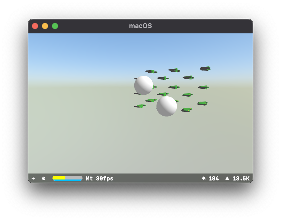 A simple particle systems test scene in SceneKit, feautring many green Marten models, and two white spheres