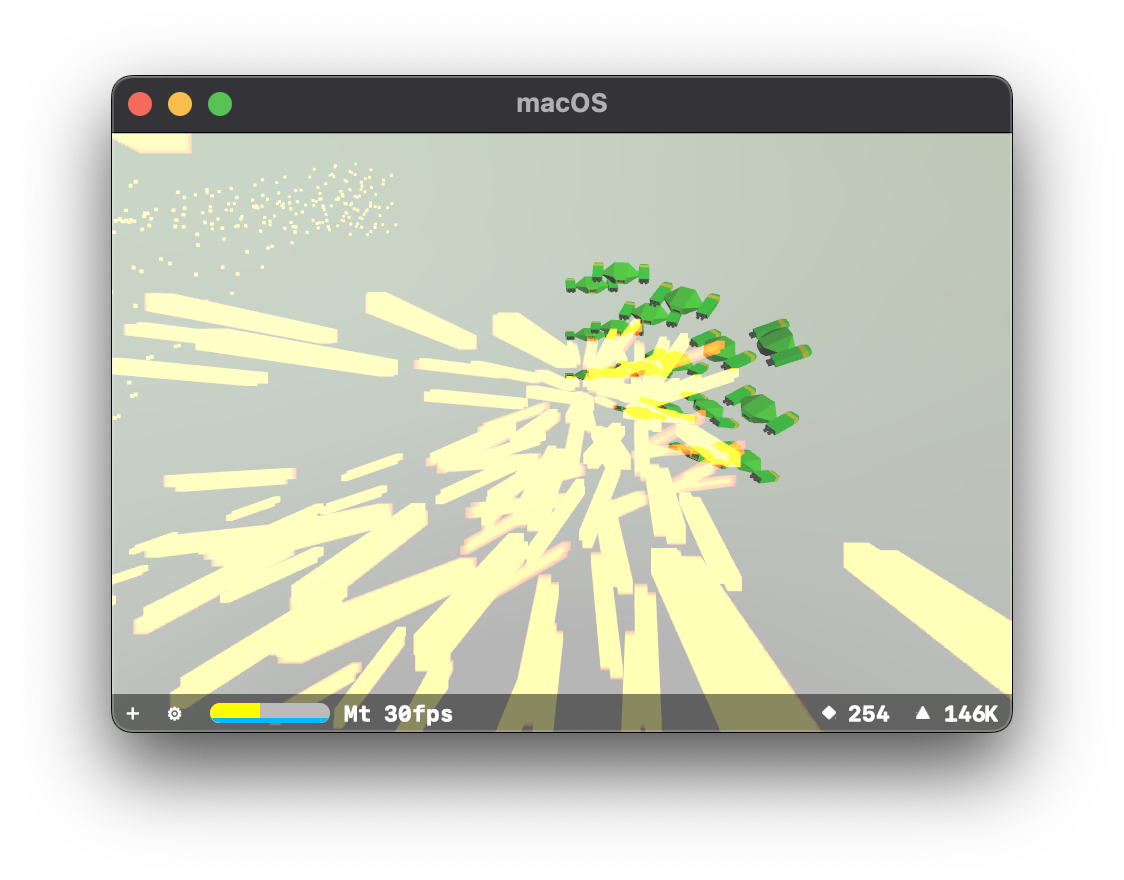 A simple particle systems test scene in SceneKit, feautring many green Marten models firing at where two white spheres were
