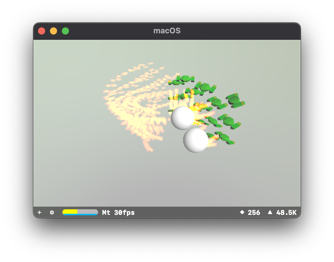 A simple particle systems test scene in SceneKit, feautring many green Marten models firing at two white spheres