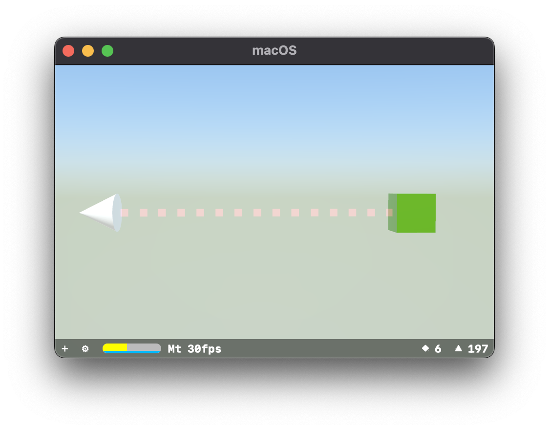 A simple particle systems test scene in SceneKit, featuring a white cone emitting red cubes towards a large green cube, stopping at it's surface