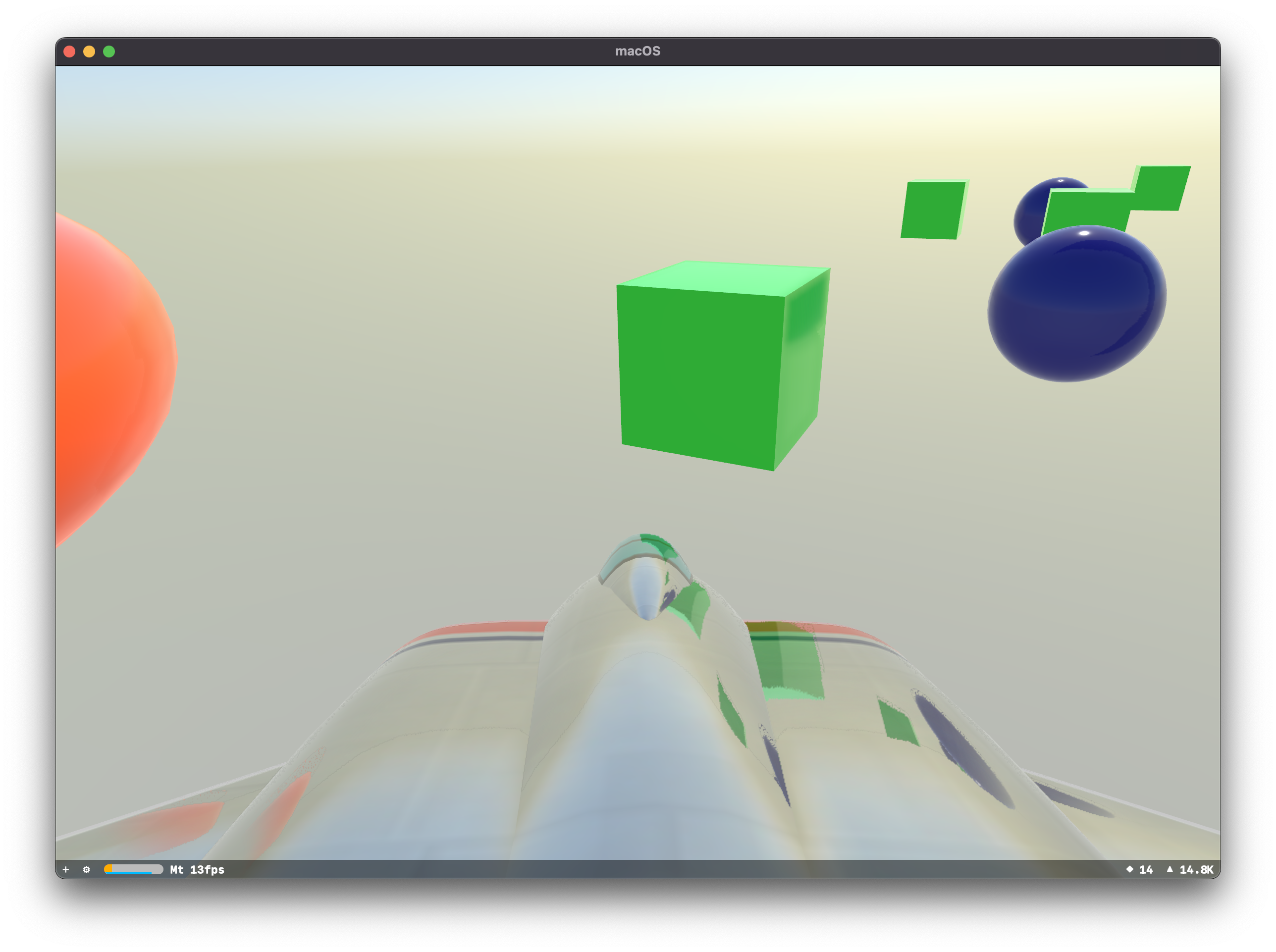 The SceneKit scene with the Jet Model showing the red torus, green cubes, and blue spheres