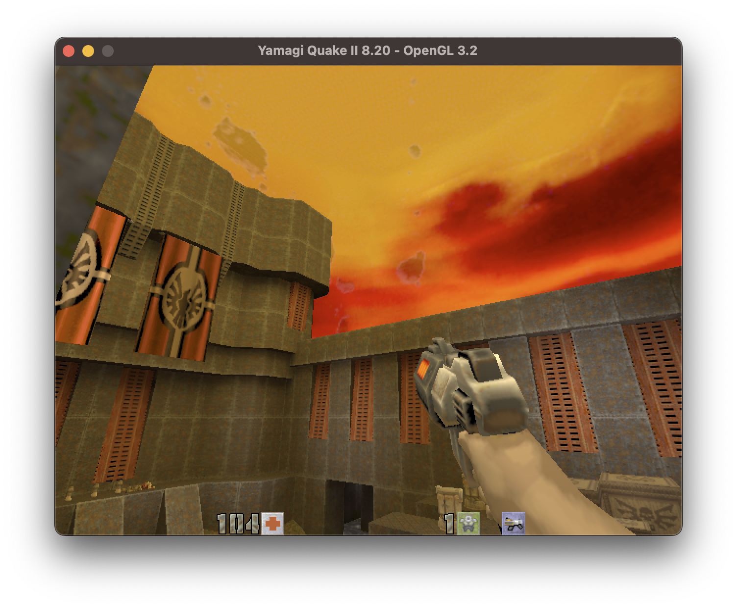 Outdoor scene in a Quake 2 level, showing the Skybox